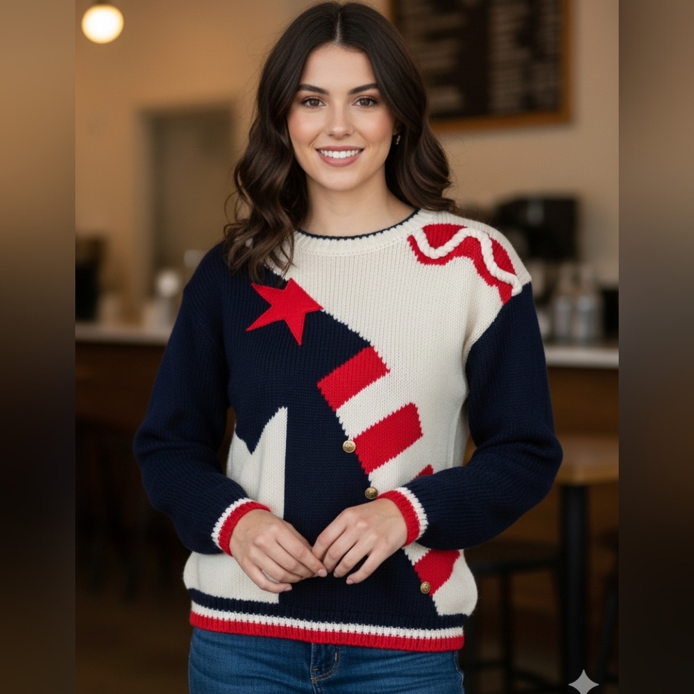 Vintage Koret Crewneck Pullover Nautical Fourth Of July Festive Sweater Size SM